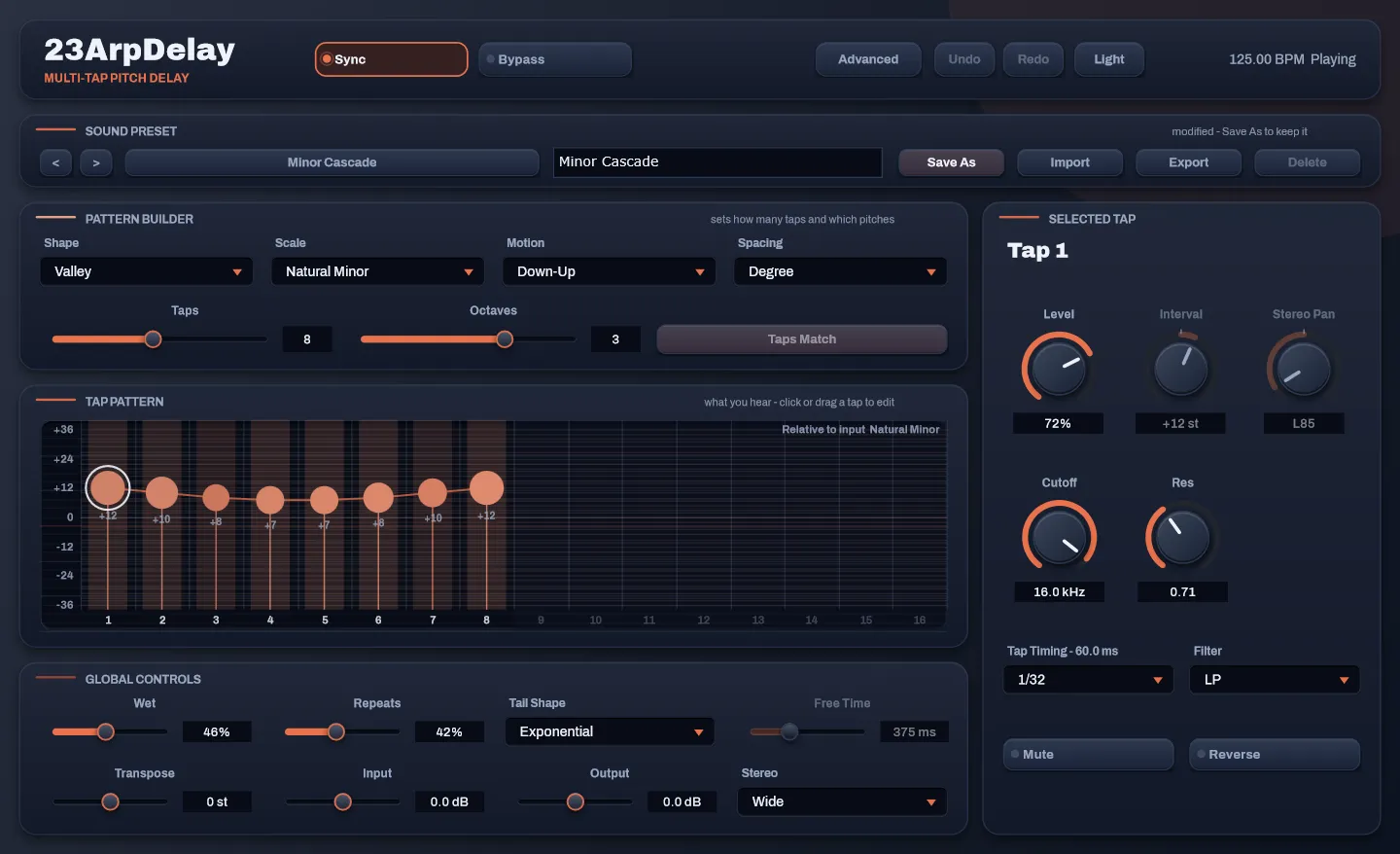 23ArpDelay running Minor Cascade, with eight taps lit in the tap pattern graph as a chord part plays through them