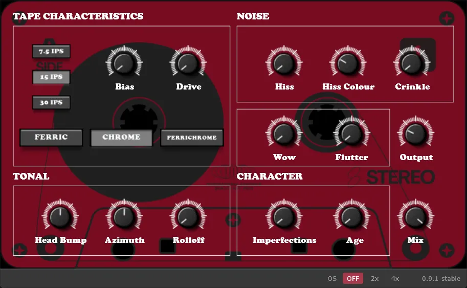 Full 23Tape_1 interface with tape speed and type selectors, Bias, Drive, Hiss, Hiss Colour, Crinkle, Wow, Flutter, Head Bump, Azimuth, Rolloff, Imperfections, Age, Mix and Output knobs, and the oversampling switch in the bottom bar