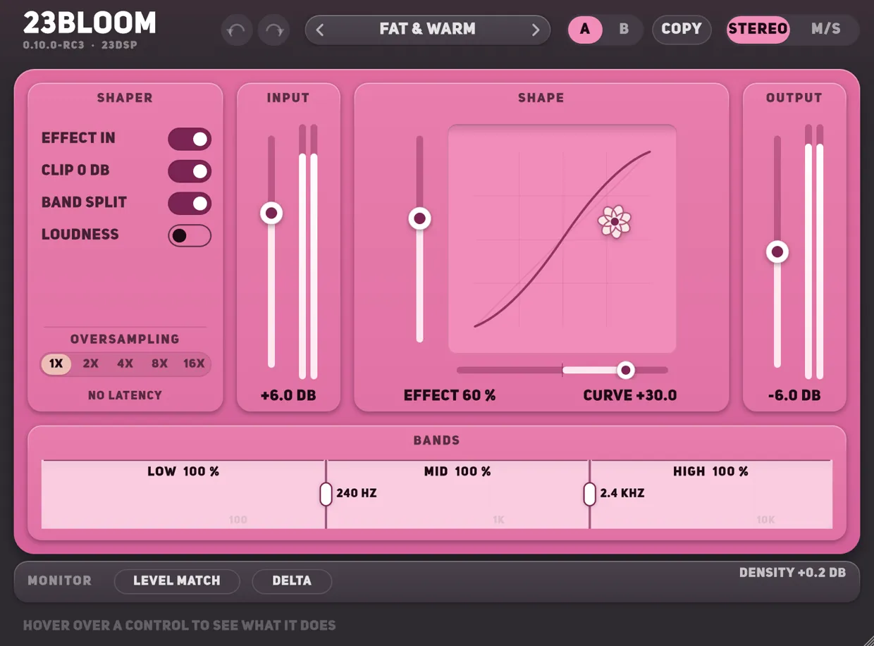 The 23Bloom interface running Fat & Warm, with loudness tracking on and the live curve separated from the one that was set