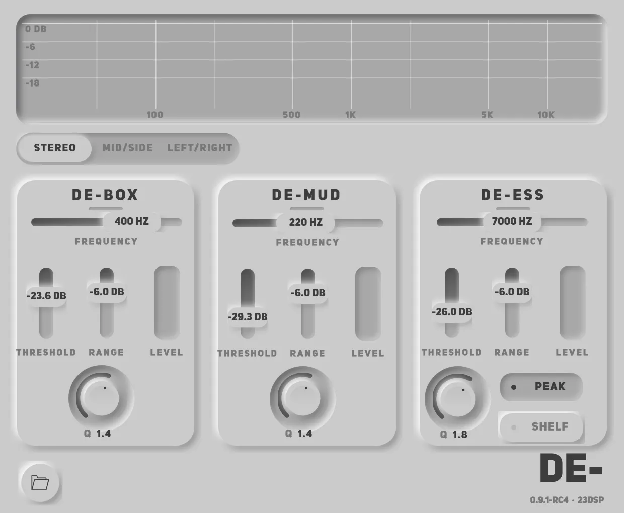 The DE-_1 interface in Stereo mode, with the De-Box, De-Mud and De-Ess sections side by side