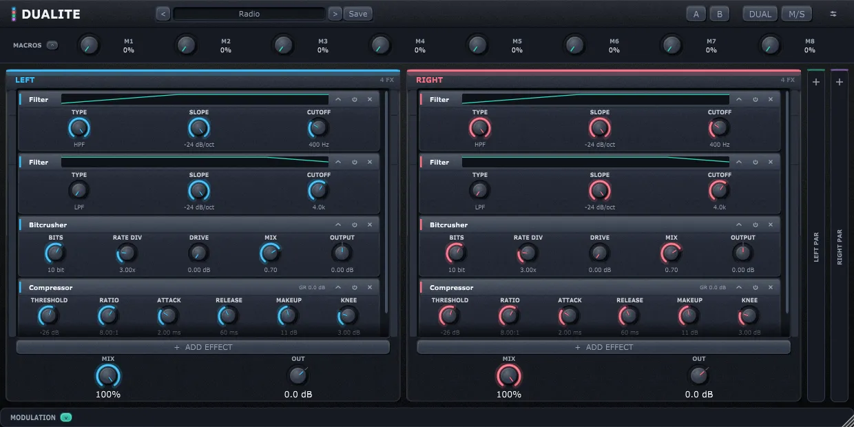 Four effects stacked in both Dualite lanes with filter curves drawn in the slot headers