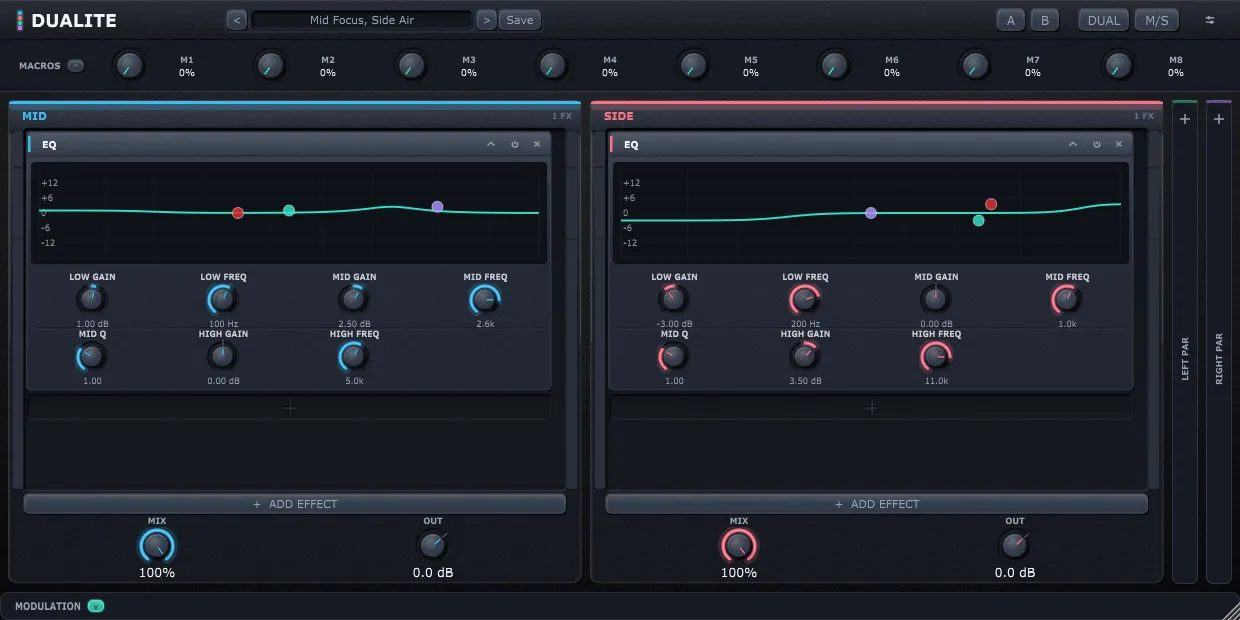 Dualite in mid/side mode, the MID lane and the SIDE lane each holding an EQ with a different curve