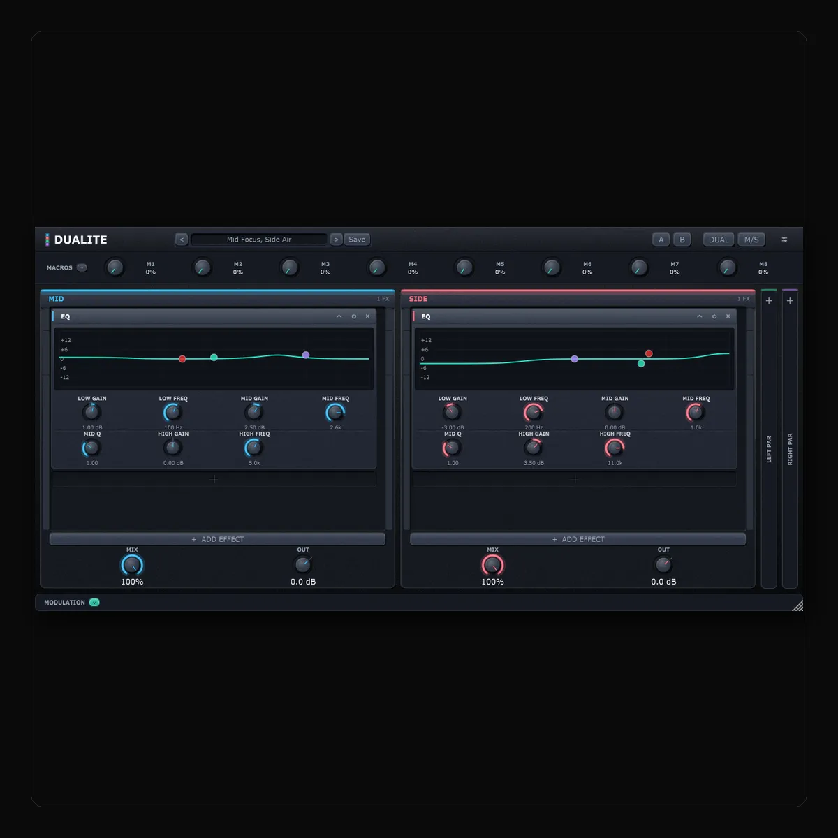 The Dualite interface — MID and SIDE lanes side by side, each holding its own EQ, with the macro row above and the modulation panel below.
