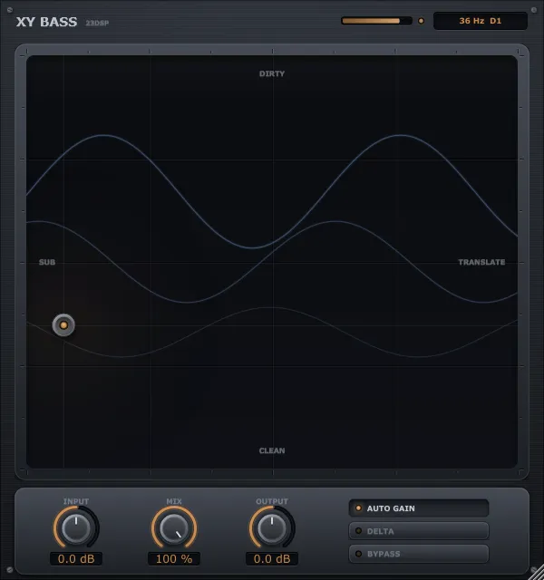 XY Bass on the Club Sub preset, the dot low and far left, with the tracked note reading 36 Hz
