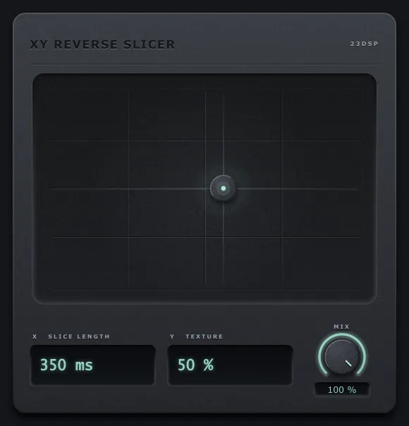 The XY Reverse Slicer interface, with slice length and texture readouts under the pad
