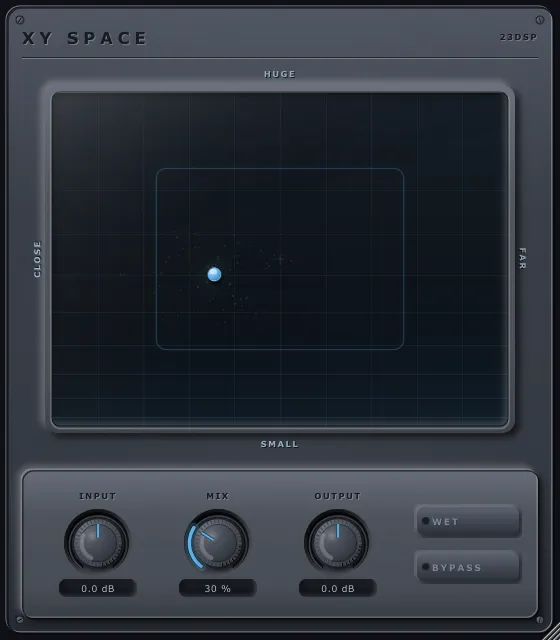 The XY Space interface, the pad running from CLOSE to FAR and SMALL to HUGE