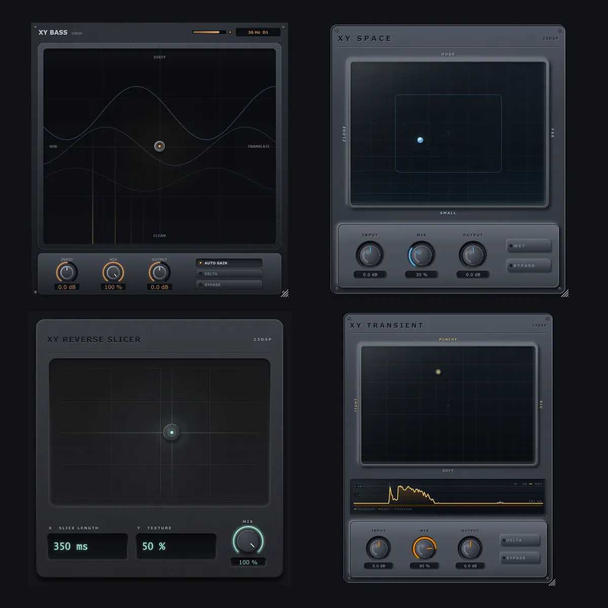 The four XY Series interfaces side by side — XY Bass, XY Space, XY Reverse Slicer and XY Transient, each a pad with two named axes
